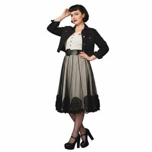 Sunny Leigh Midi Skirt Black White Rosette Sheer Overlay 8 Rockabilly Whimsigoth